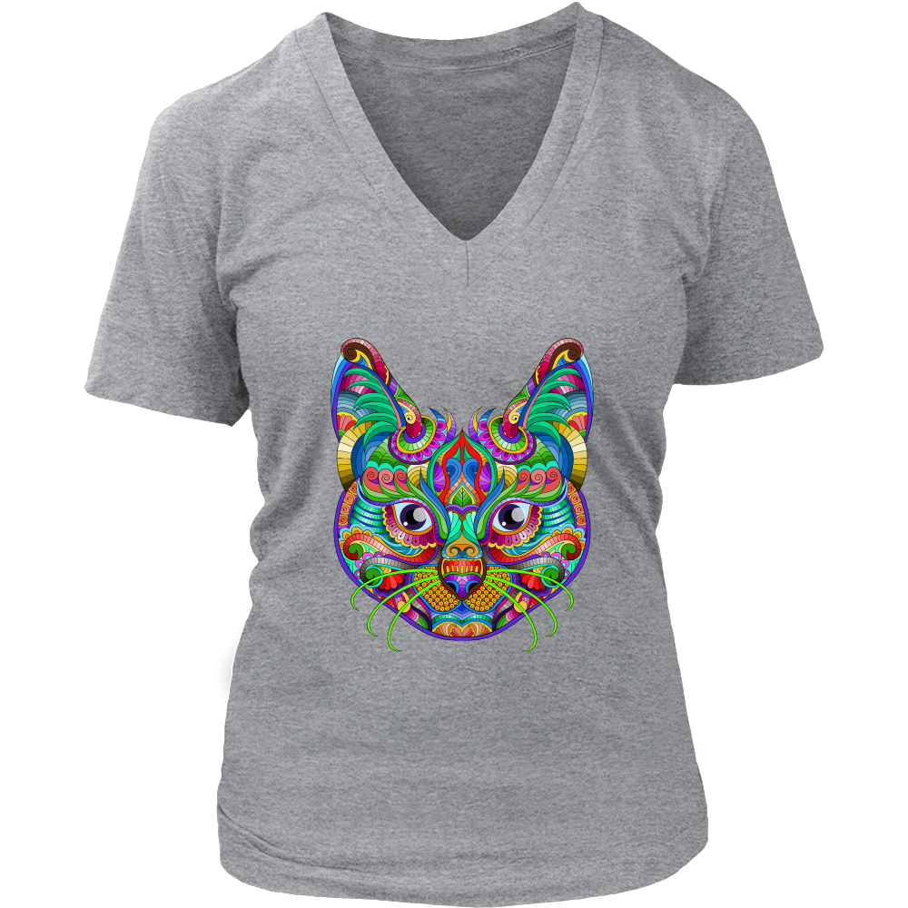 Women's Colorful Cat Art V Neck