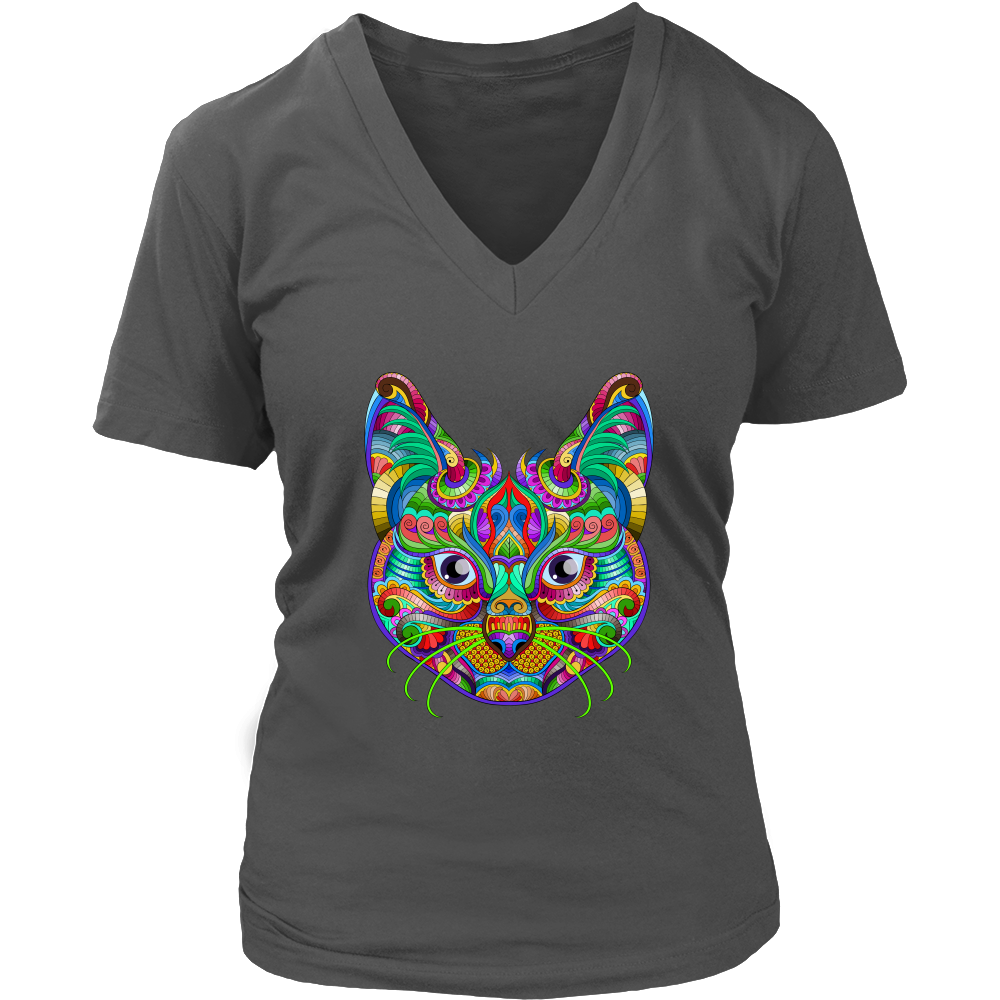 Women's Colorful Cat Art V Neck